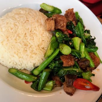 Sup Thai Kitchen - Chinese broccoli with crispy pork - Thai Near Me - Fresh Meadows, New York Sup Thai Kitchen - Chinese broccoli with crispy pork - Thai Near Me - Fresh Meadows, New York