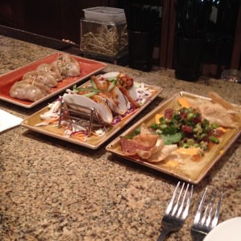 P.F. Chang's - Appetizers (Left to Right) - Steamed Pork Dumplings, Kung Pao Chicken Tacos, Ahi Tuna Sushi - Chinese Near Me - Princeton, New Jersey