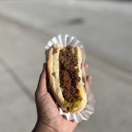 a hand holding a hot dog