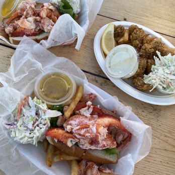 Sesuit Harbor Cafe - Two warm lobster rolls and fried oysters (half size) - Seafood Near Me - Dennis, Massachusetts Sesuit Harbor Cafe - Two warm lobster rolls and fried oysters (half size) - Seafood Near Me - Dennis, Massachusetts