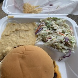 Brisket sandwich with Cole slaw and cheese grits! Brisket sandwich with Cole slaw and cheese grits!