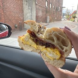 Bacon egg and cheese on everything bagel
