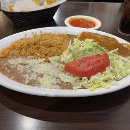 One Bean Tostaguac, One Cheese Enchilada and Rice