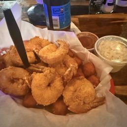 Fried shrimp basket with sweet potato tater tots and coleslaw