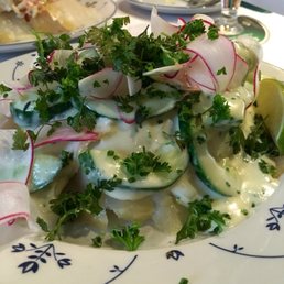 Rene's Favorite: Smoked halibut with a warm crème fraîche, crunchy cucumbers, herbs and radishes Rene's Favorite: Smoked halibut with a warm crème fraîche, crunchy cucumbers, herbs and radishes