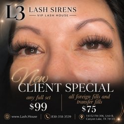 L3 Lash Sirens VIP Lash House - September 2026 Special $99 Any Full Set, $75 Foreign Fills and Transfer Fills 830-318-3539 or book online www.Lash.House