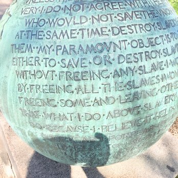 Lincoln Park - Lincoln's Thoughts Engraved on the Earth-like ball flanking the right side of the Standing Lincoln Statue - Parks Near Me - Chicago, Illinois
