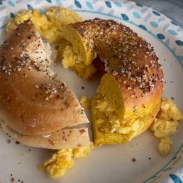 Half Everything Bagel and half Egg Everything Bagel (added eggs at home) Half Everything Bagel and half Egg Everything Bagel (added eggs at home)