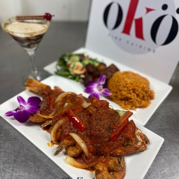 Oko Fine Cuisine - Snapper and Shrimp w/ Jollof Plantain and Salad - African Near Me - West Orange, New Jersey Oko Fine Cuisine - Snapper and Shrimp w/ Jollof Plantain and Salad - African Near Me - West Orange, New Jersey