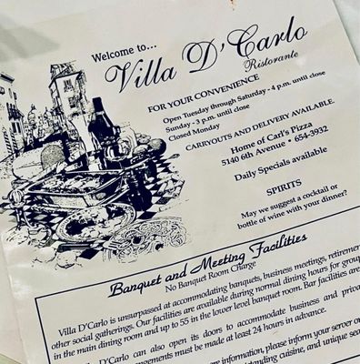 Menu photo 2 Villa D' Carlo Restaurant Kenosha, WI Menu photo 2 Villa D' Carlo Restaurant Kenosha, WI