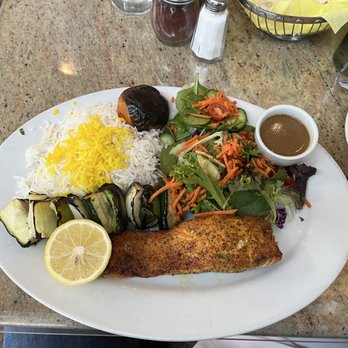Javan Restaurant - Salmon with salad, grilled vegetables, and rice. - Persian/Iranian Near Me - Los Angeles, California Javan Restaurant - Salmon with salad, grilled vegetables, and rice. - Persian/Iranian Near Me - Los Angeles, California