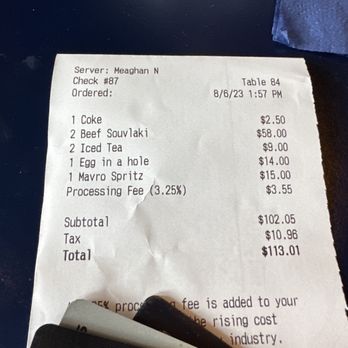 Andros Taverna - $4.50 for iced tea with no refills and a 3.25% processing fee.  Definitely nickel & dime you. - Greek Near Me - Chicago, Illinois