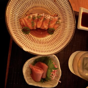 O-Ku - o toro sashimi on bottom and Usuzukuri on top - Sushi Bars Near Me - Nashville, Tennessee O-Ku - o toro sashimi on bottom and Usuzukuri on top - Sushi Bars Near Me - Nashville, Tennessee
