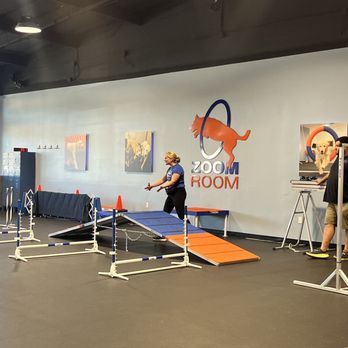 Zoom Room Dog Training - Staff explaining about the mini agility course set up for the party - Pet Training Near Me - San Diego, California