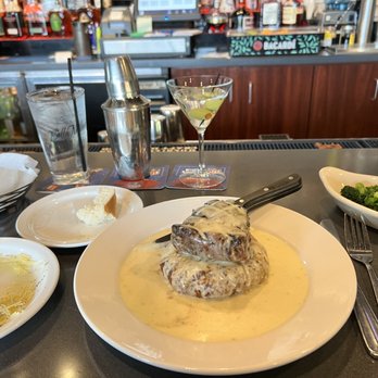 Bella Milano - Monday Martini, up w/olives; Grilled Filet w/house made Boursin sauce Atop a potato pancake & side of broccoli - Italian Near Me - Edwardsville, Illinois Bella Milano - Monday Martini, up w/olives; Grilled Filet w/house made Boursin sauce Atop a potato pancake & side of broccoli - Italian Near Me - Edwardsville, Illinois