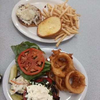 Olympus Diner - Cheese burger with grilled onions and the portabella mushroom burger with onion rings - Diners Near Me - Kingman, Arizona