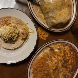 El Rey Mexican Restaurant - super BURRITO, chicken enchilada with rice and beans and shrimp taco on the side.