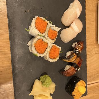Sushi Cho - Spicy tuna roll (comes with 6 we just couldn't wait), scallop, eel, Maine uni with quail egg - Japanese Near Me - Fairfax, Virginia Sushi Cho - Spicy tuna roll (comes with 6 we just couldn't wait), scallop, eel, Maine uni with quail egg - Japanese Near Me - Fairfax, Virginia
