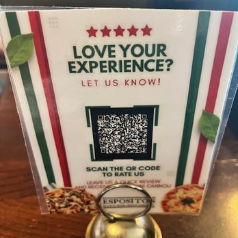 Esposito's Pizza Bar Restaurant - I love a restaurant that posts a QR code so you can do and instant review!. They welcome input! - Pizza Near Me - Davie, Florida Esposito's Pizza Bar Restaurant - I love a restaurant that posts a QR code so you can do and instant review!. They welcome input! - Pizza Near Me - Davie, Florida