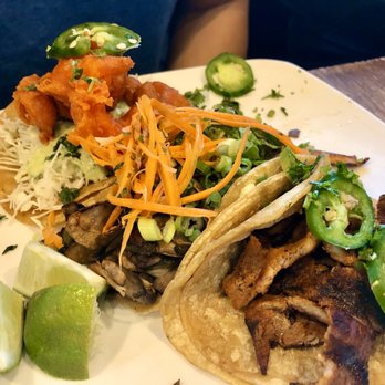 Sonora Grill - Three tacos: Shrimp Tempura, Mushroom, Pork Pastor - Latin American Near Me - Minneapolis, Minnesota Sonora Grill - Three tacos: Shrimp Tempura, Mushroom, Pork Pastor - Latin American Near Me - Minneapolis, Minnesota