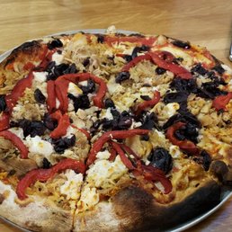 Chicken, feta, olives, onions, and roasted red peppers Chicken, feta, olives, onions, and roasted red peppers
