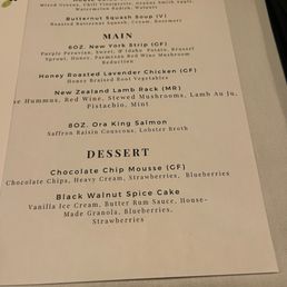 Private dining menu