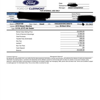 Ford of Clermont - Quote sheet for the Maxima. I put the mileage in here because they put 0 mileage on the sheet when it was 30,062. - Car Dealers Near Me - Clermont, Florida Ford of Clermont - Quote sheet for the Maxima. I put the mileage in here because they put 0 mileage on the sheet when it was 30,062. - Car Dealers Near Me - Clermont, Florida