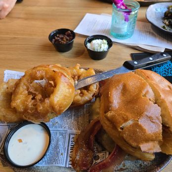 The State - Bourbon BBQ Burger + the best onion rings EVER. - American Near Me - Riverside, California