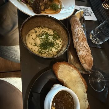 Siempre Algo - demi baguette, french onion soup, and the braised lentils with a side of buttery chive whipped potatoes - New American Near Me - Pittsburgh, Pennsylvania