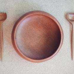 Modern Charm - Danish style teak salad bowl with serving utensils. I've been looking for the perfect one and found it at Modern Charm!