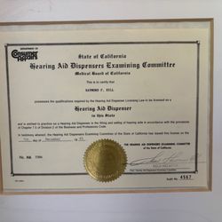 Ray Hill Mobile Hearing Aid Service - California Hearing Aid Dispenser Business License - 1993