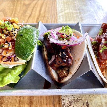 Umami Bham - Ahi Tuna Taco (left), 10 Hour Pork Belly Taco (middle), and Crispy Shrimp Taco (right) - Sushi Bars Near Me - Birmingham, Alabama Umami Bham - Ahi Tuna Taco (left), 10 Hour Pork Belly Taco (middle), and Crispy Shrimp Taco (right) - Sushi Bars Near Me - Birmingham, Alabama