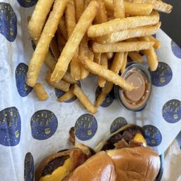Bacon cheddar sliders and side of fries Bacon cheddar sliders and side of fries