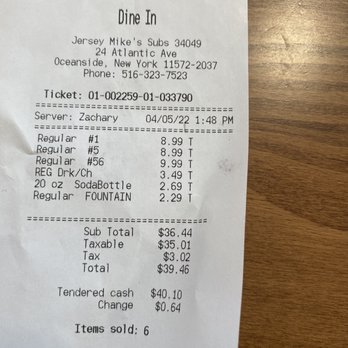 Jersey Mike's Subs - Price of things - Fast Food Near Me - Oceanside, New York