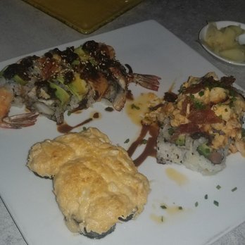 Sushi Pop - Hot mess is the one with bacon, volcano is the one covered in cheese and anaconda in the back with the shrimp tempura. - Sushi Bars Near Me - Oviedo, Florida Sushi Pop - Hot mess is the one with bacon, volcano is the one covered in cheese and anaconda in the back with the shrimp tempura. - Sushi Bars Near Me - Oviedo, Florida