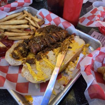 Cheesy Jane's - Bacon-wrapped chili dog with fries. - Burgers Near Me - San Antonio, Texas
