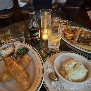 Bog & Barley - Fish and chips, peas, mashed potatoes with garlic confit - Irish Near Me - Memphis, Tennessee Bog & Barley - Fish and chips, peas, mashed potatoes with garlic confit - Irish Near Me - Memphis, Tennessee