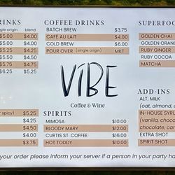 Vibe Coffee And Wine - Coffee bar menu. You can also order from a booklet menu for a glass of wine etc.