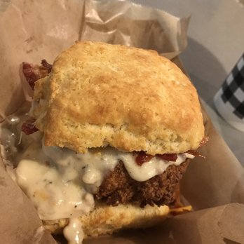 The Biscuit Bar - The HOSS southern fried chicken, bacon, jack cheese, house made sausage gravy, honey butter - Breakfast & Brunch Near Me - Plano, Texas