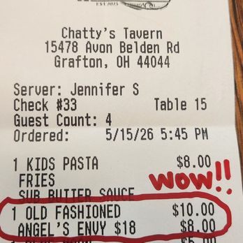 Chatty's Tavern - $10: ice cube, simple syrup, some fruit & bitters + $8: shot of Angel's Envy = $18 Old Fashioned!! Wow!!! - Burgers Near Me - Grafton, Ohio Chatty's Tavern - $10: ice cube, simple syrup, some fruit & bitters + $8: shot of Angel's Envy = $18 Old Fashioned!! Wow!!! - Burgers Near Me - Grafton, Ohio
