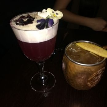 ROOH - Kerala (L) (rum, hibiscus, lime, pineapple), mango mule (R) (vodka, mango, lime, Ginger beer), $14 each 1/26/18 - Indian Near Me - San Francisco, California ROOH - Kerala (L) (rum, hibiscus, lime, pineapple), mango mule (R) (vodka, mango, lime, Ginger beer), $14 each 1/26/18 - Indian Near Me - San Francisco, California