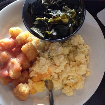 Hunter's Cafe - Tomato gravy on my tater tots and I got some collards too right as they were switching to lunch AMAZING - Breakfast & Brunch Near Me - Jackson, Georgia