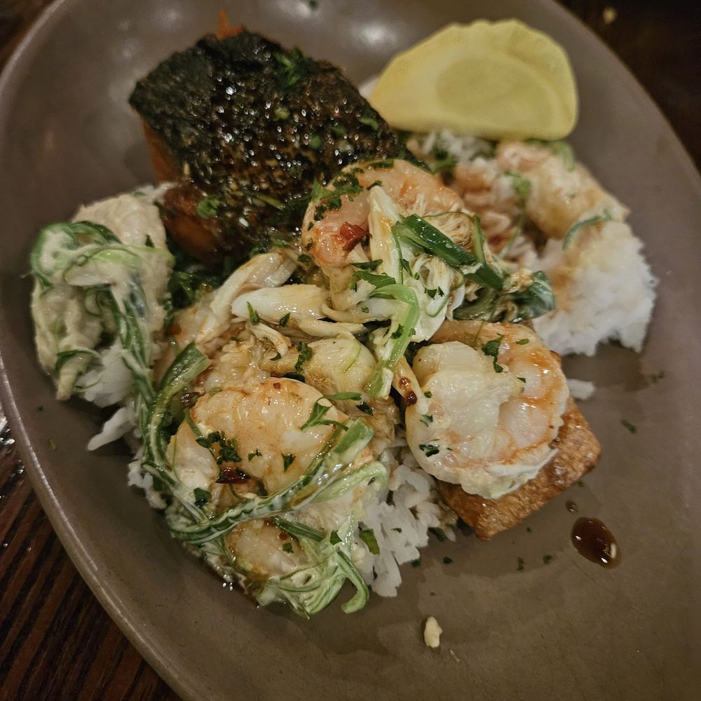 Briquette - Crispy farro salmon (DELISH!) topped with a cold mayo shrimp seaweed slaw (not Delish... but to be fair, I hate mayo) - Seafood Near Me - New Orleans, Louisiana Briquette - Crispy farro salmon (DELISH!) topped with a cold mayo shrimp seaweed slaw (not Delish... but to be fair, I hate mayo) - Seafood Near Me - New Orleans, Louisiana
