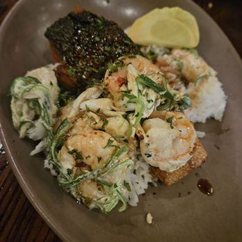 Briquette - Crispy farro salmon (DELISH!) topped with a cold mayo shrimp seaweed slaw (not Delish... but to be fair,  I hate mayo) - Seafood Near Me - New Orleans, Louisiana