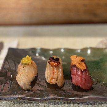 Miyo's Restaurant - Sushi trio with ahi, ono and I forget the third! - Izakaya Near Me - Hilo, Hawaii