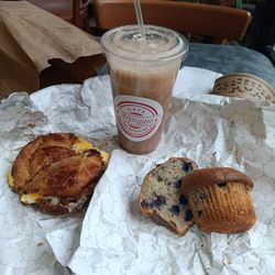 Cafe Arpeggio - Bacon, egg & cheese croissant sandwich, a blueberry muffin, and a coffee drink called "Arpuccino" ... all delish!