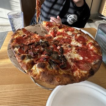 River House Pizza - Pepperoni, bacon, ham, and mushrooms on 2.slices just for me! :) - Pizza Near Me - Ellicott City, Maryland River House Pizza - Pepperoni, bacon, ham, and mushrooms on 2.slices just for me! :) - Pizza Near Me - Ellicott City, Maryland