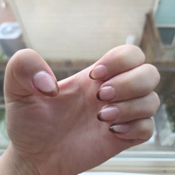 Nails & Chill - Supposed to be an almond shaped manicure with brown French tip - Nail Salons Near Me - Houston, Texas