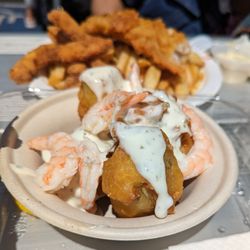 Aloha Festival San Mateo - Back: calamari and fish and chips.  Front: fried artichokes with shrimp and crab but they forgot the crab.