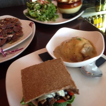 SunCafe - Portobello sandwich w awesome raw bun, mashed potatoes and unreal gravy. Mac & cheese with a side kale salad. - Vegan Near Me - Studio City, California SunCafe - Portobello sandwich w awesome raw bun, mashed potatoes and unreal gravy. Mac & cheese with a side kale salad. - Vegan Near Me - Studio City, California